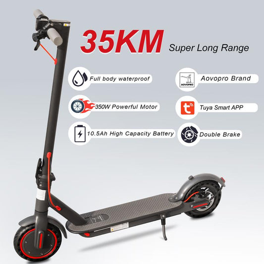 Aovopro ES80 Electric Scooter - 8.5" Solid Tires, 350W Motor up to 19 Miles of Range and 19 MPH Portable Folding Commuter Scooter with Dual Braking System and App E-Scooter